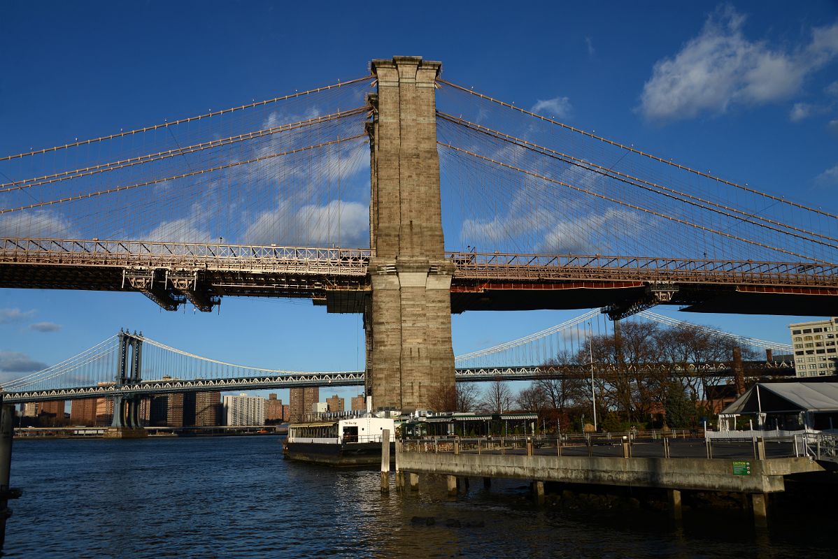 06 New York Brooklyn Bridge And Wharf With Manhattan Bridge Before Sunset From Brooklyn Heights
